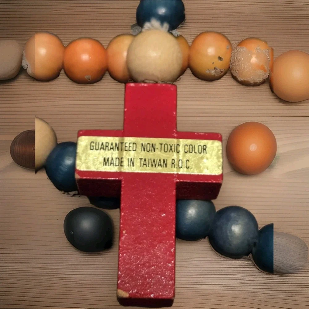 VTG Large Multicolor Catholic Rosary Wooden Beads Chunky Christian Religious